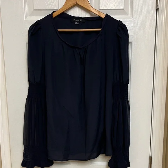 Forever 21 Navy Blouse with Smocked Sleeves - Picture 1 of 9